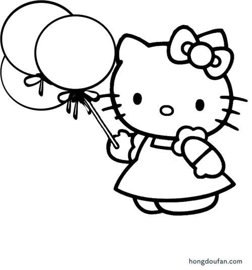 拿着气球的可爱凯蒂猫hellokitty涂色卡通简笔画大全
